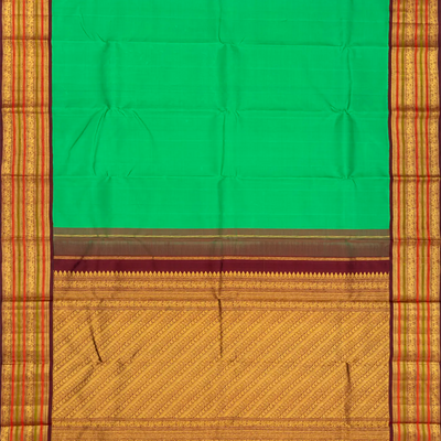 Green Handloom Kanchipuram Korvai Silk Saree With Maroon Border-Green