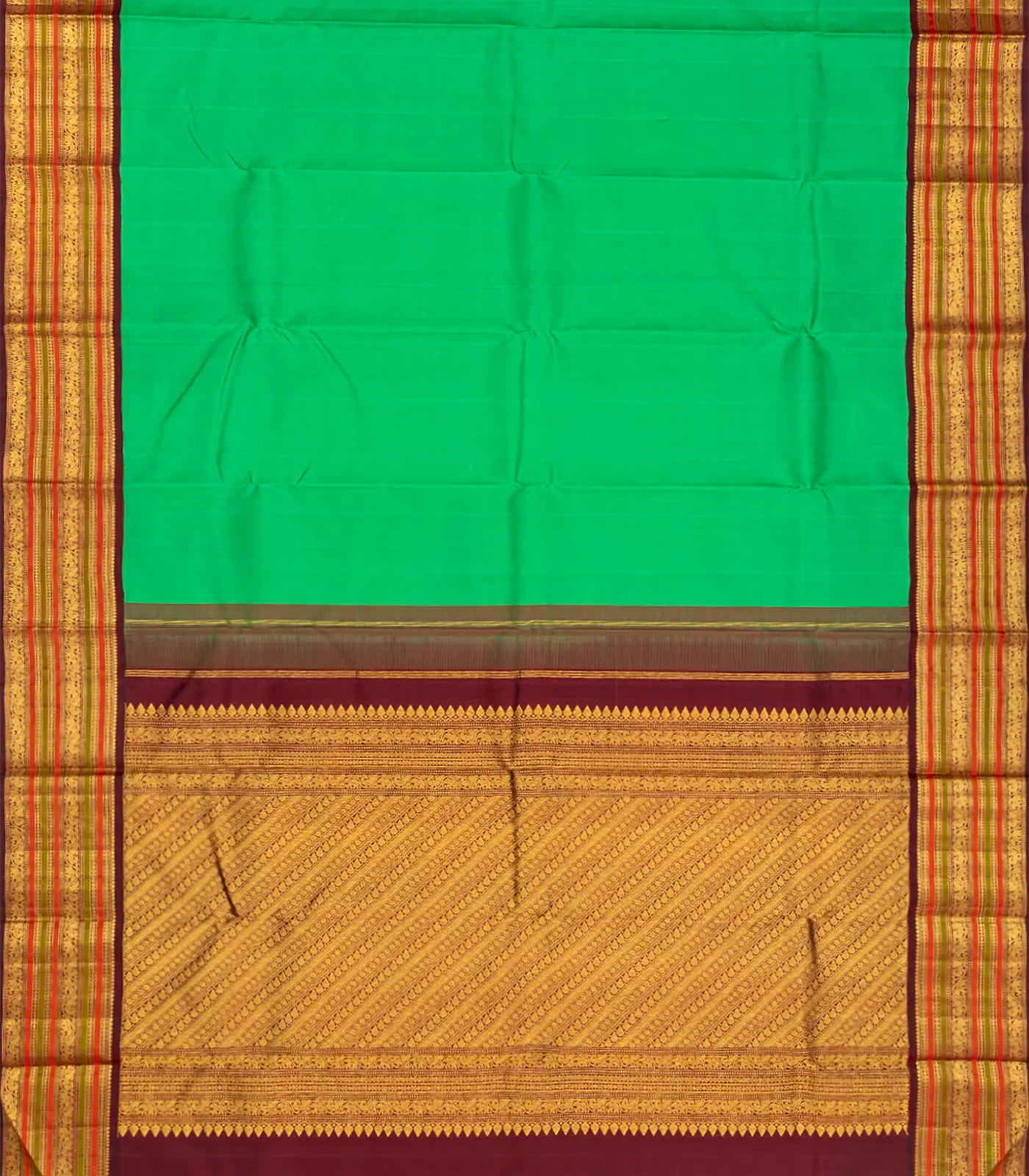 Green Handloom Kanchipuram Korvai Silk Saree With Maroon Border-Green