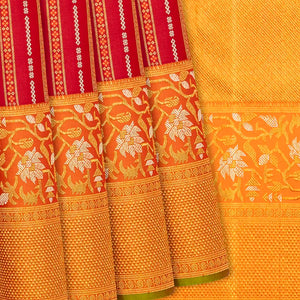 Red Handloom Kanchipuram Silk Saree With Zari Stripes-Red