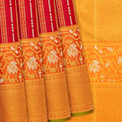 Red Handloom Kanchipuram Silk Saree With Zari Stripes-Red