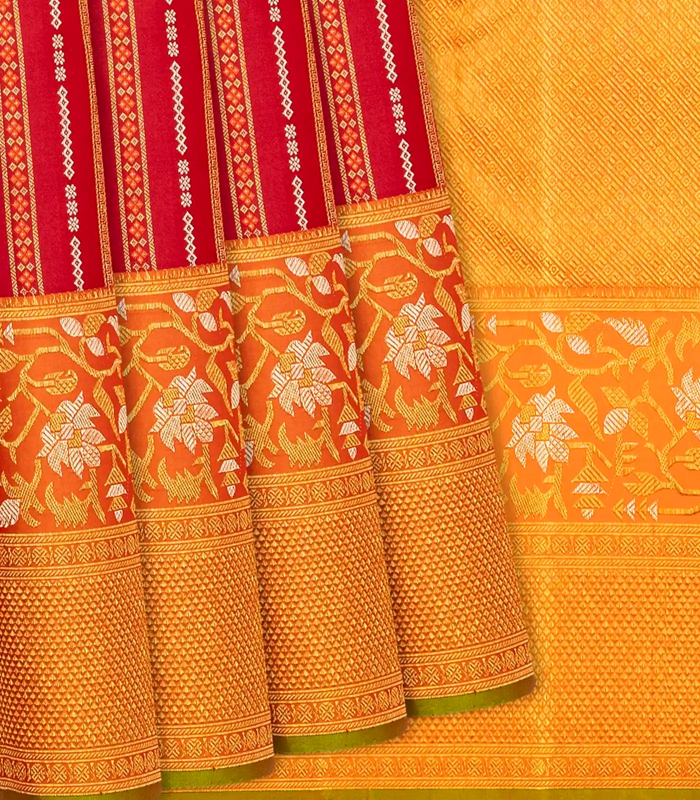 Red Handloom Kanchipuram Silk Saree With Zari Stripes-Red