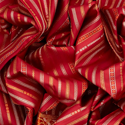 Red Handloom Kanchipuram Silk Saree With Zari Stripes-Red