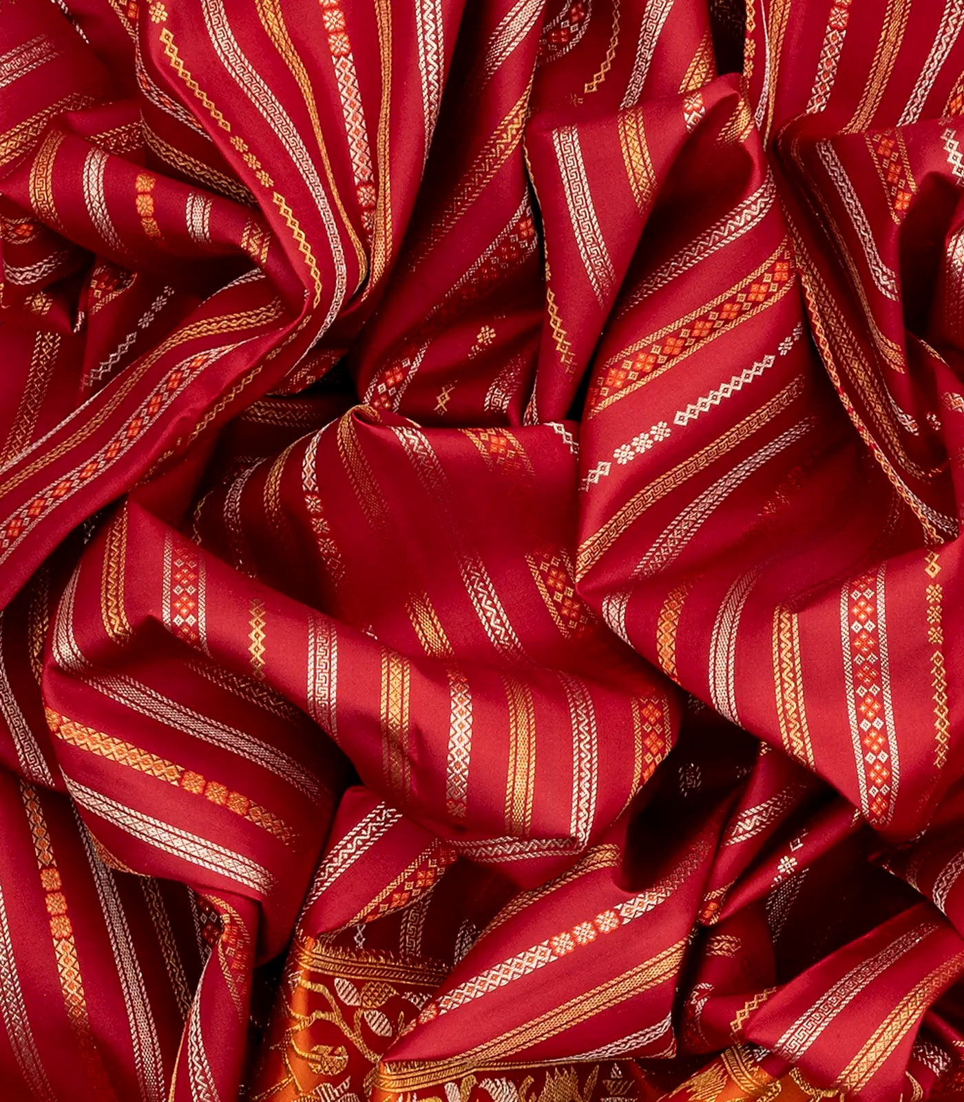Red Handloom Kanchipuram Silk Saree With Zari Stripes-Red