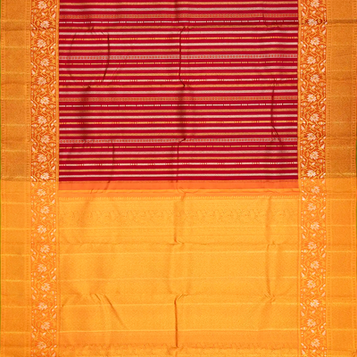 Red Handloom Kanchipuram Silk Saree With Zari Stripes-Red