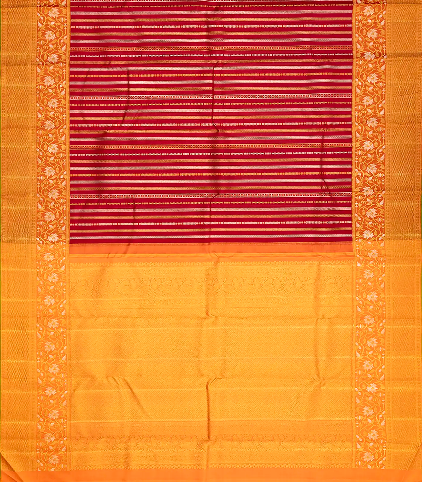 Red Handloom Kanchipuram Silk Saree With Zari Stripes-Red