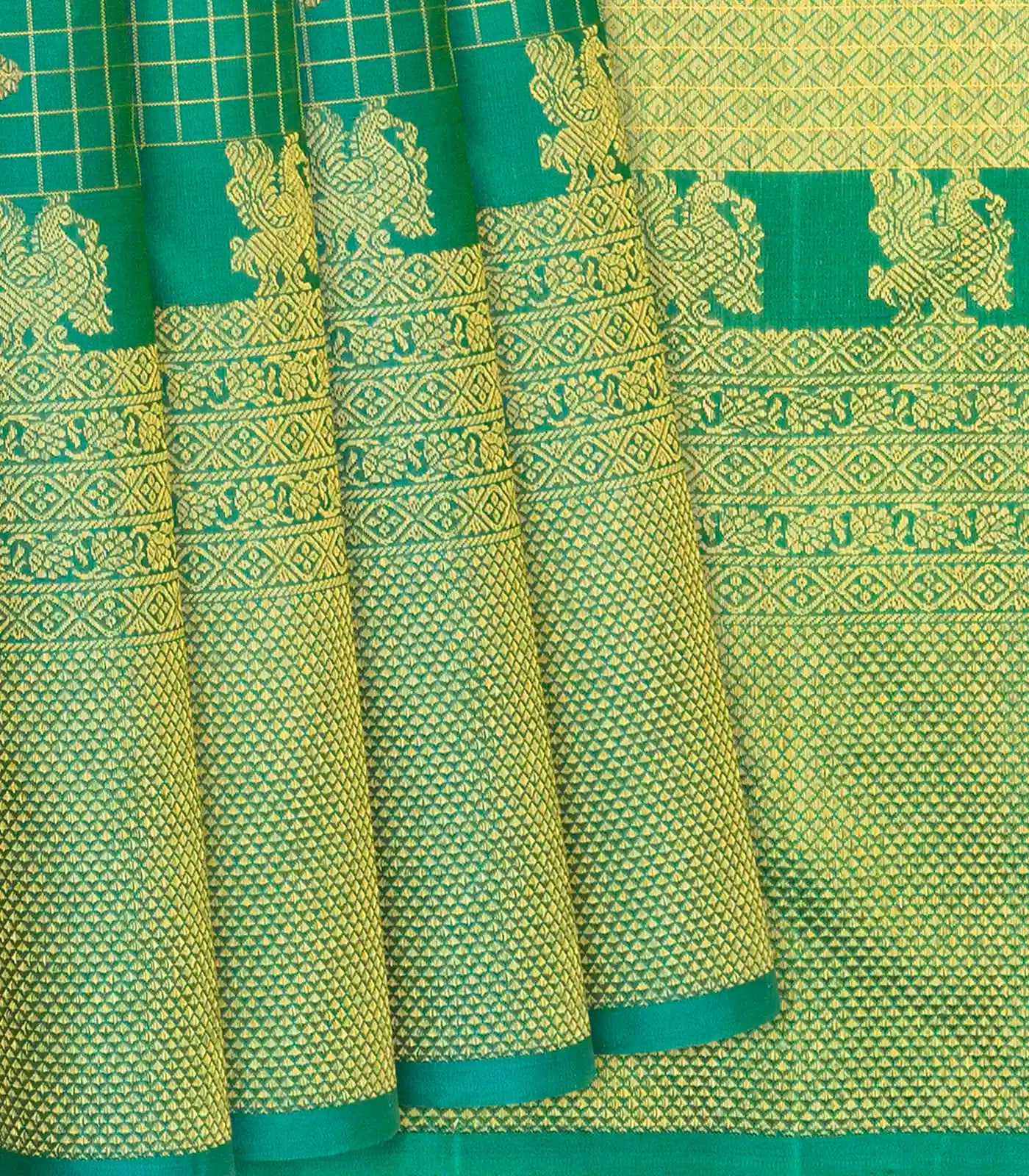 Sea Green Handloom Kanchipuram Silk Saree With Checks & Buttas-Sage Green