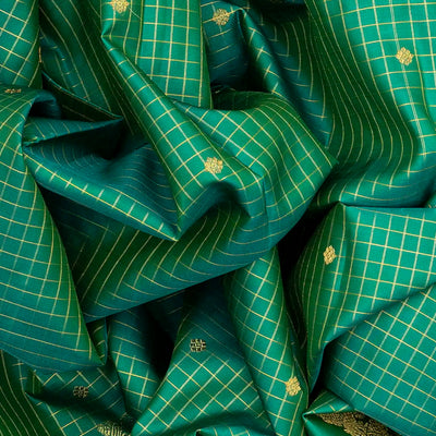 Sea Green Handloom Kanchipuram Silk Saree With Checks & Buttas-Sage Green