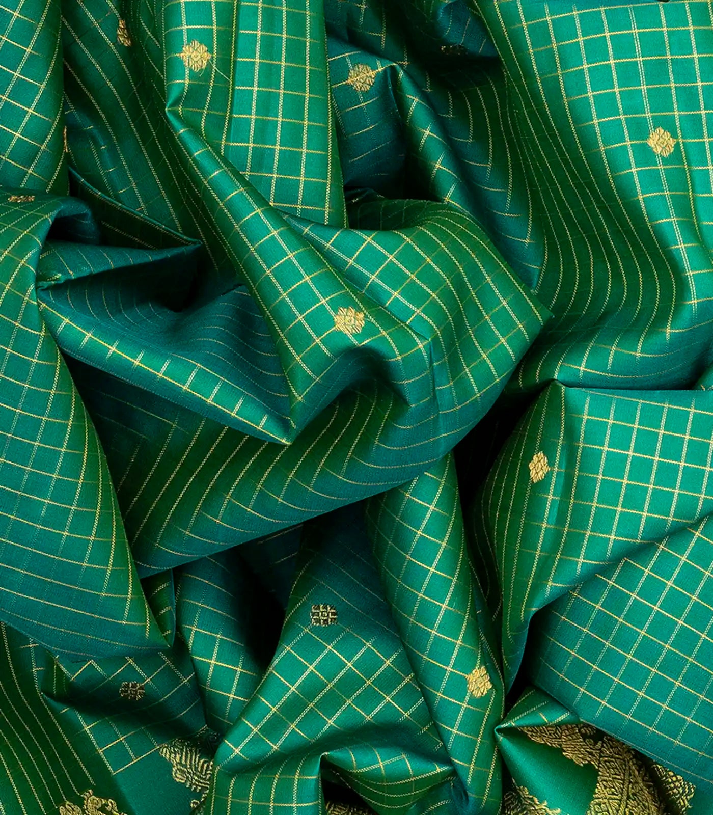 Sea Green Handloom Kanchipuram Silk Saree With Checks & Buttas-Sage Green