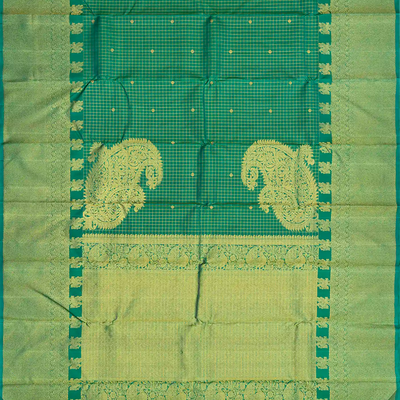 Sea Green Handloom Kanchipuram Silk Saree With Checks & Buttas-Sage Green