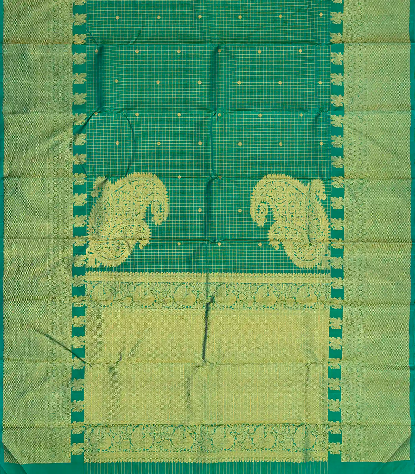 Sea Green Handloom Kanchipuram Silk Saree With Checks & Buttas-Sage Green