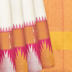 White Handloom Kanchipuram Korvai Silk Saree With Temple Border-White