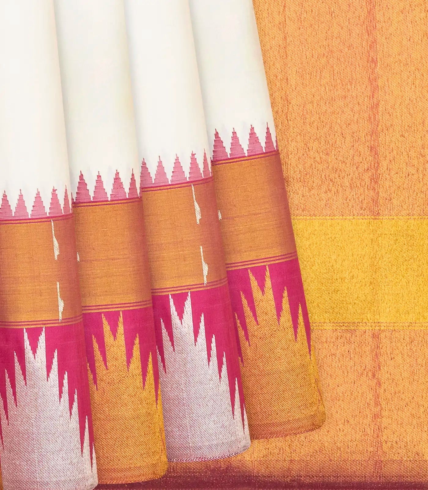 White Handloom Kanchipuram Korvai Silk Saree With Temple Border-White