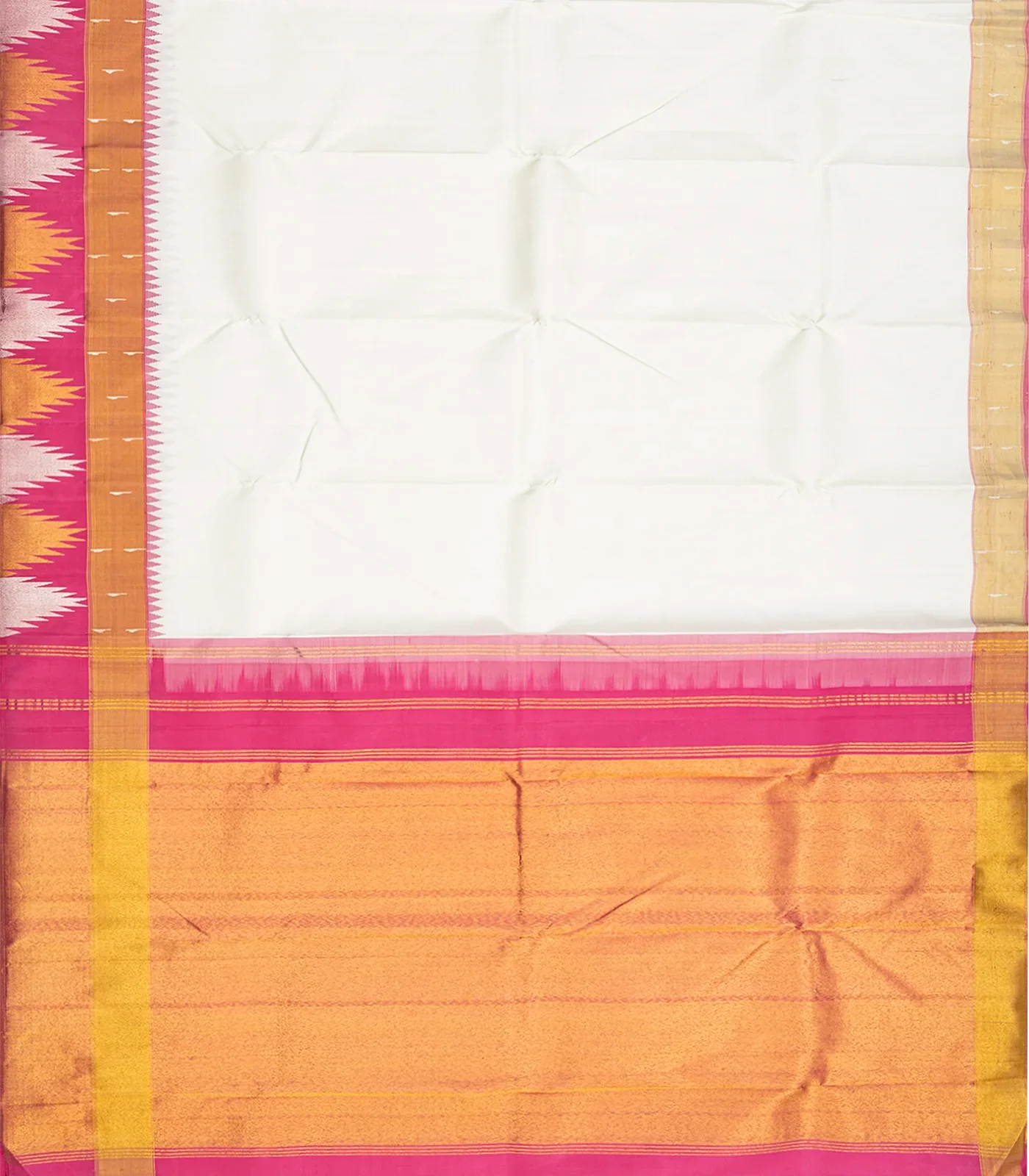 White Handloom Kanchipuram Korvai Silk Saree With Temple Border-White