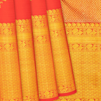 Red Handloom Kanchipuram Silk Saree With Floral Buttas-Red