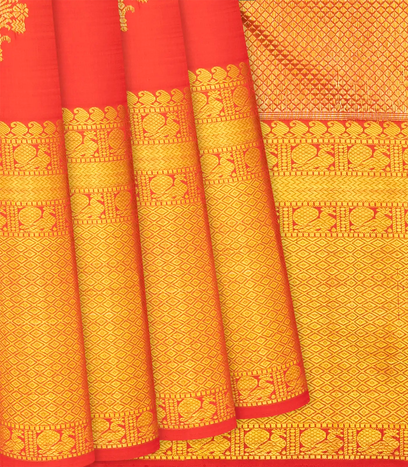 Red Handloom Kanchipuram Silk Saree With Floral Buttas-Red
