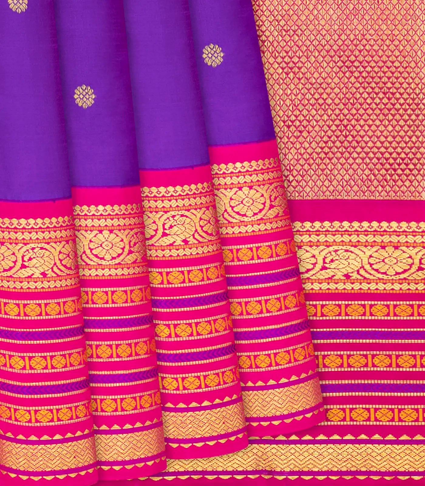 Purple Handloom Kanchipuram Korvai Silk Saree With Kamalam Buttas-Purple