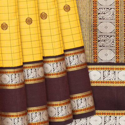 Yellow Handloom Kanchipuram Korvai Silk Saree With Checks & Buttas-Yellow