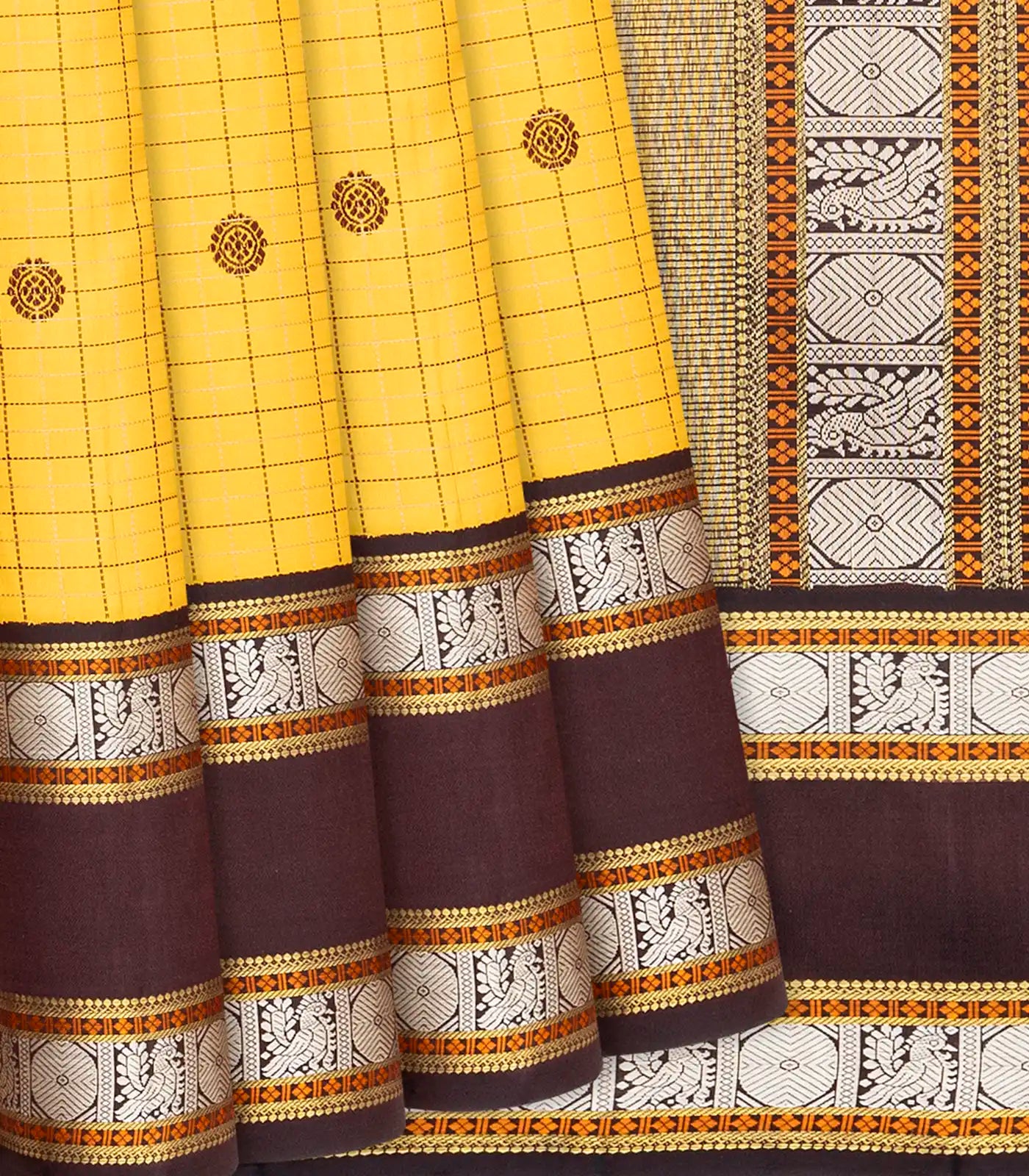 Yellow Handloom Kanchipuram Korvai Silk Saree With Checks & Buttas-Yellow
