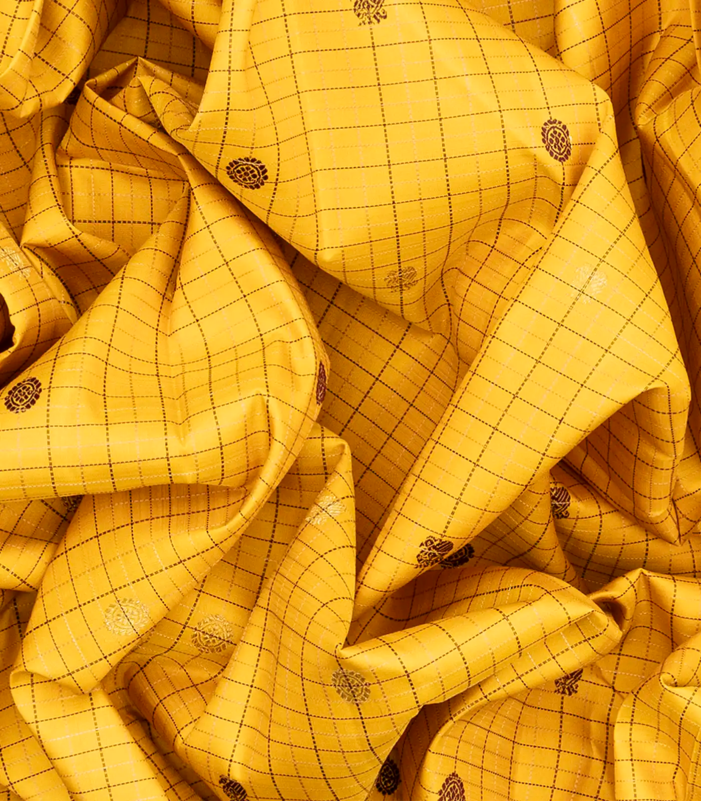 Yellow Handloom Kanchipuram Korvai Silk Saree With Checks & Buttas-Yellow