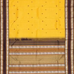 Yellow Handloom Kanchipuram Korvai Silk Saree With Checks & Buttas-Yellow