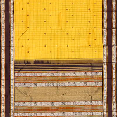 Yellow Handloom Kanchipuram Korvai Silk Saree With Checks & Buttas-Yellow