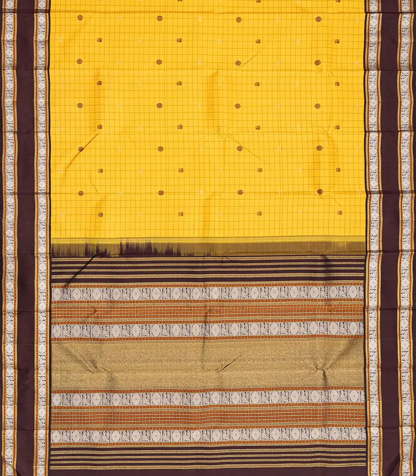 Yellow Handloom Kanchipuram Korvai Silk Saree With Checks & Buttas-Yellow