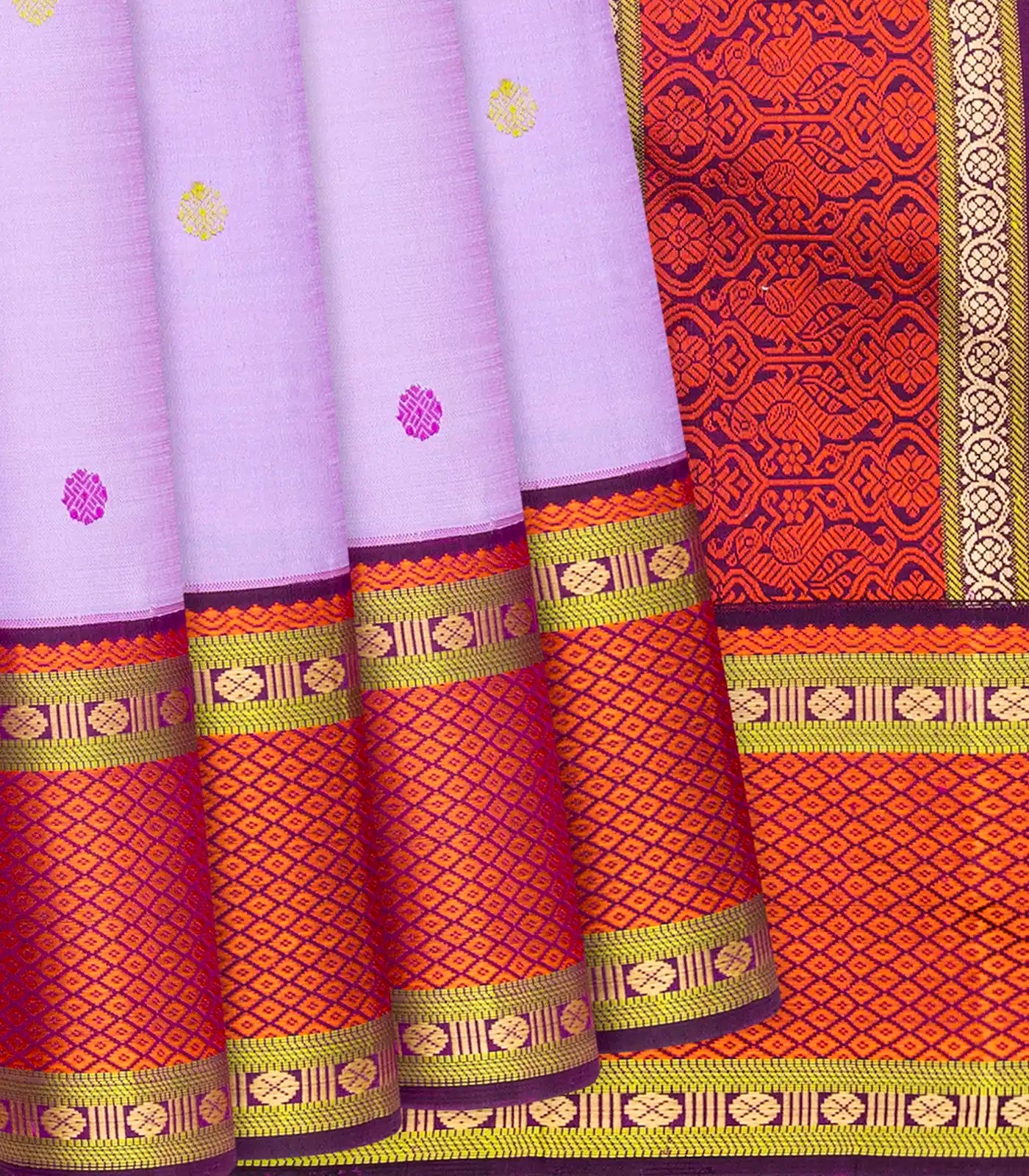 Lavender Handloom Kanchipuram Korvai Silk Saree With Buttas-Lavander