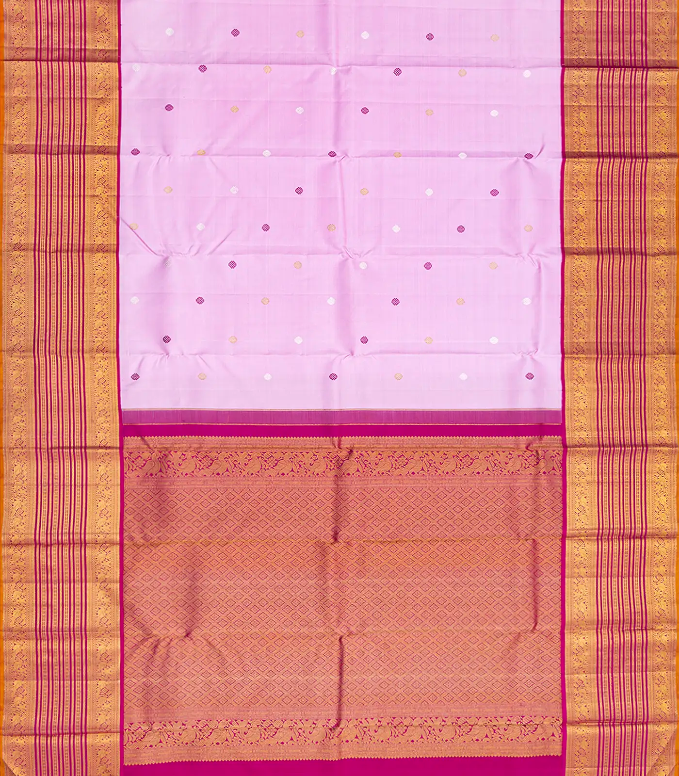 Lavender Handloom Kanchipuram Korvai Silk Saree With Kamalam Buttas-Lavander