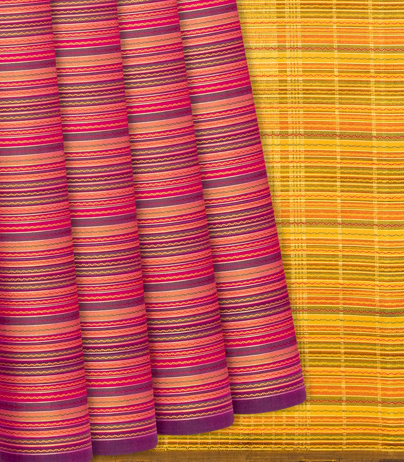 Magenta Handloom Kanchipuram Silk Saree With Meena Stripes-Magenta