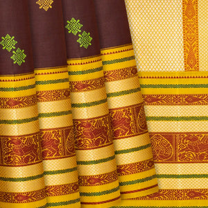 Dark Brown Handloom Kanchipuram Korvai Silk Saree With Buttas-Dark Brown