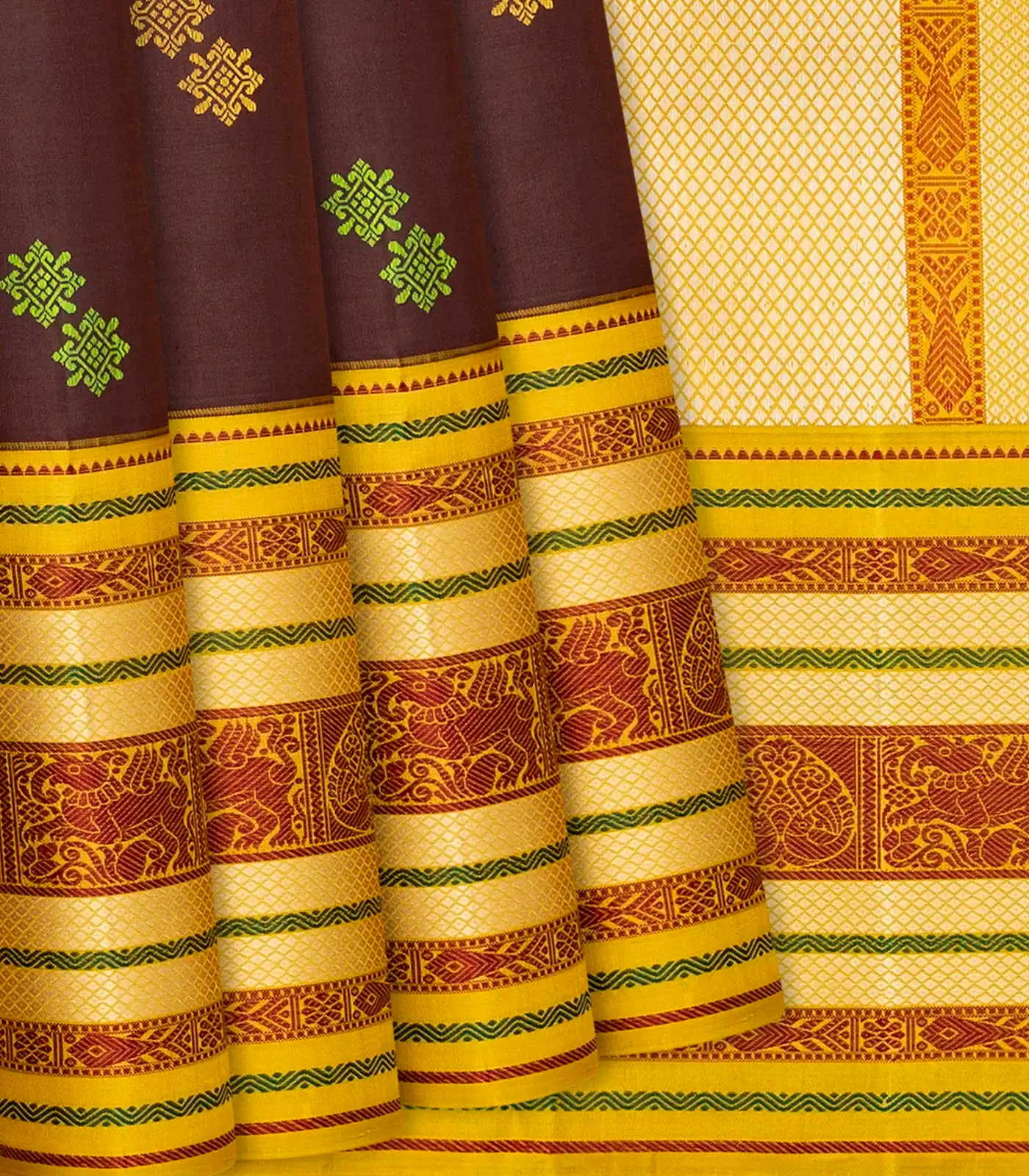 Dark Brown Handloom Kanchipuram Korvai Silk Saree With Buttas-Dark Brown