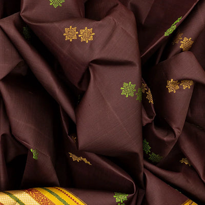 Dark Brown Handloom Kanchipuram Korvai Silk Saree With Buttas-Dark Brown