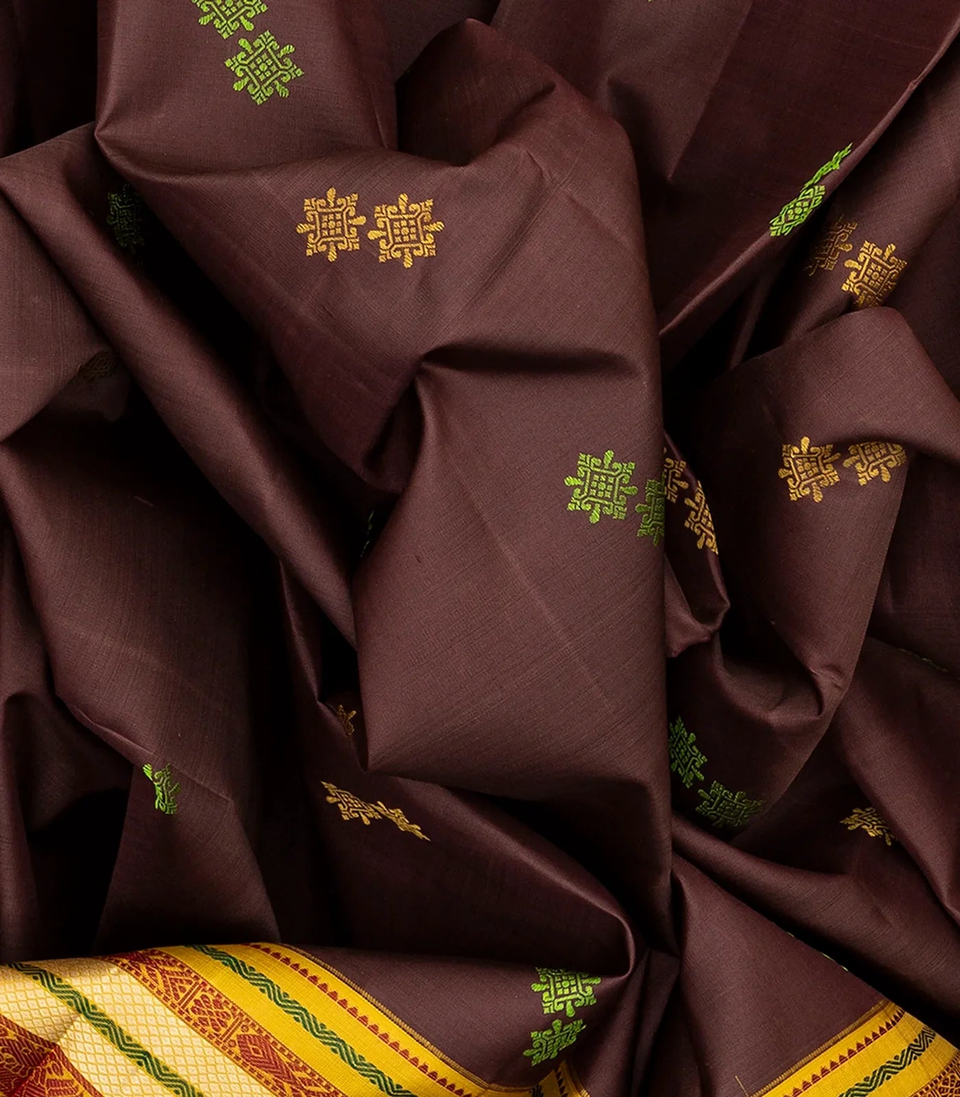 Dark Brown Handloom Kanchipuram Korvai Silk Saree With Buttas-Dark Brown