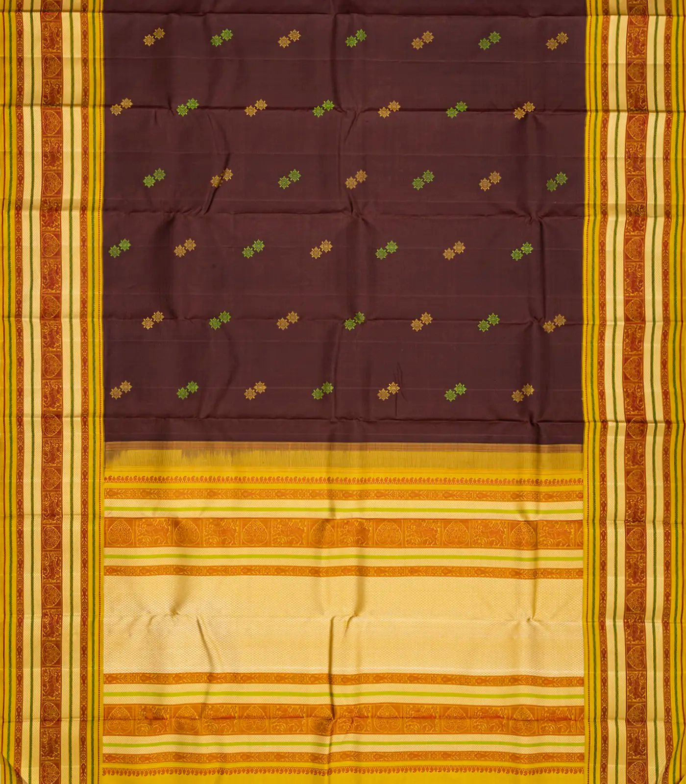 Dark Brown Handloom Kanchipuram Korvai Silk Saree With Buttas-Dark Brown