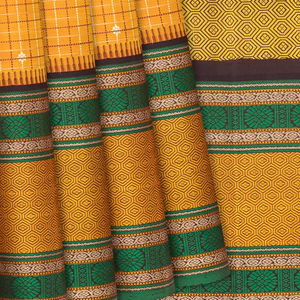 Orange Handloom Kanchipuram Korvai Silk Saree With Checks & Buttas-Orange
