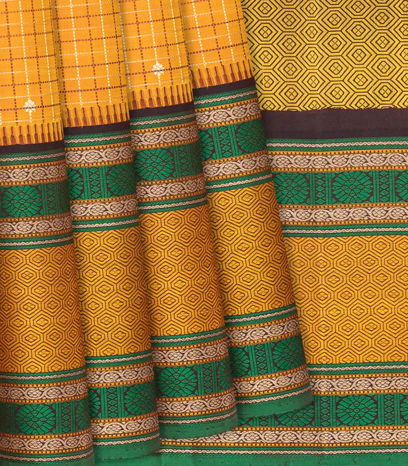 Orange Handloom Kanchipuram Korvai Silk Saree With Checks & Buttas-Orange