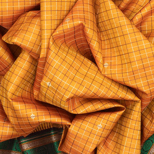 Orange Handloom Kanchipuram Korvai Silk Saree With Checks & Buttas-Orange