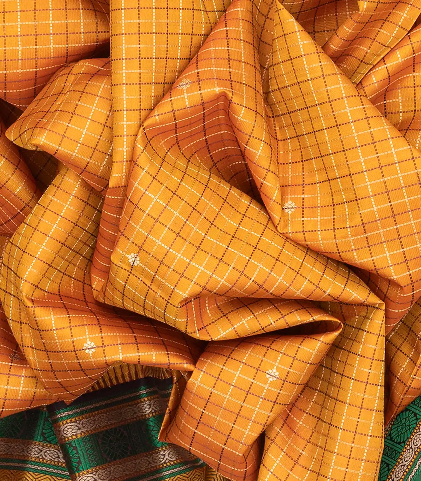 Orange Handloom Kanchipuram Korvai Silk Saree With Checks & Buttas-Orange