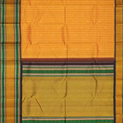 Orange Handloom Kanchipuram Korvai Silk Saree With Checks & Buttas-Orange