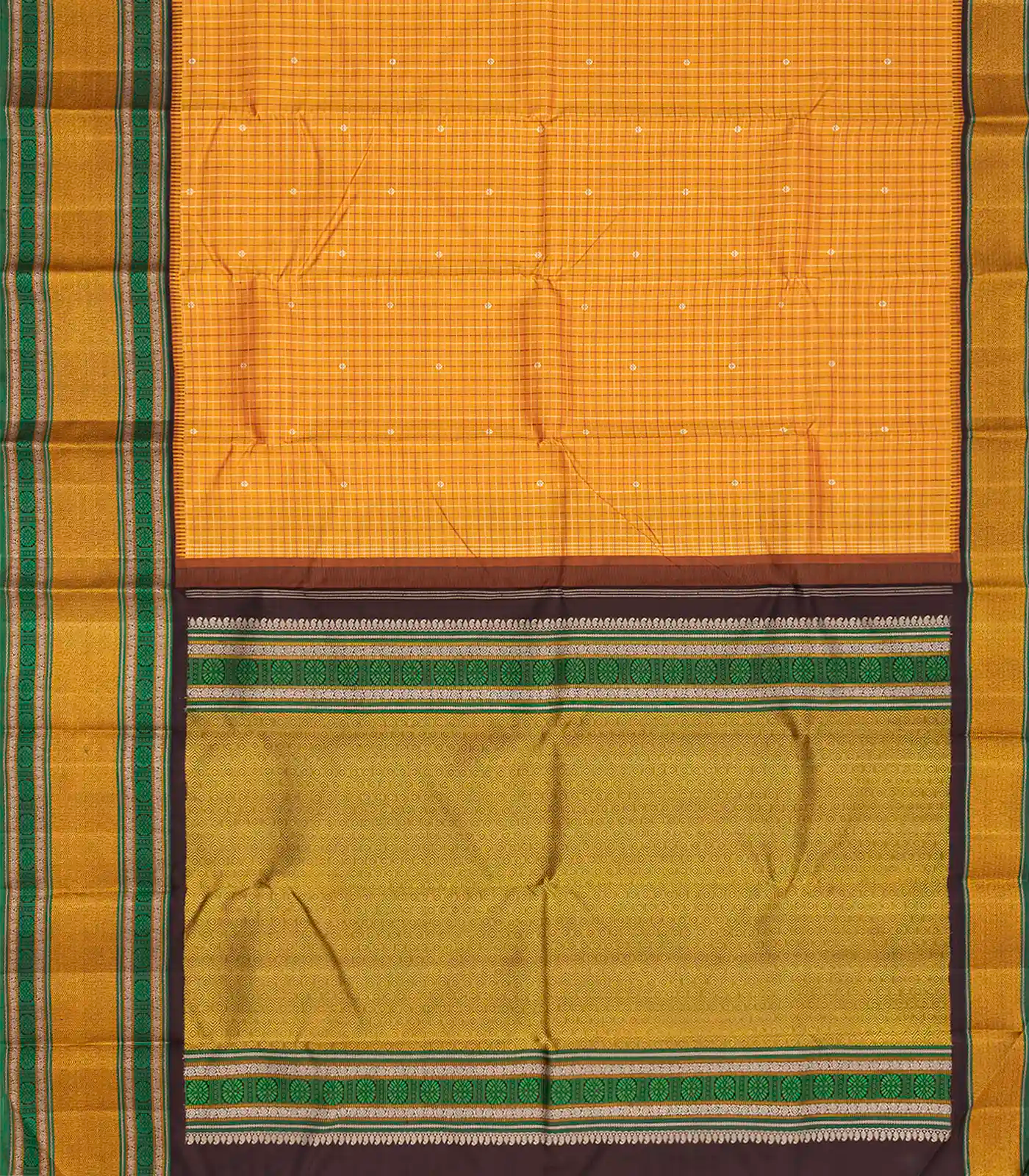 Orange Handloom Kanchipuram Korvai Silk Saree With Checks & Buttas-Orange