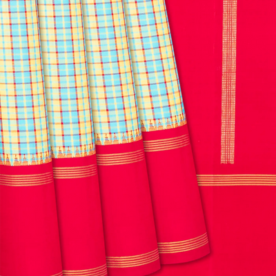 Multi Colour Handloom Kanchipuram Korvai Silk Saree With Checks-Multi colour