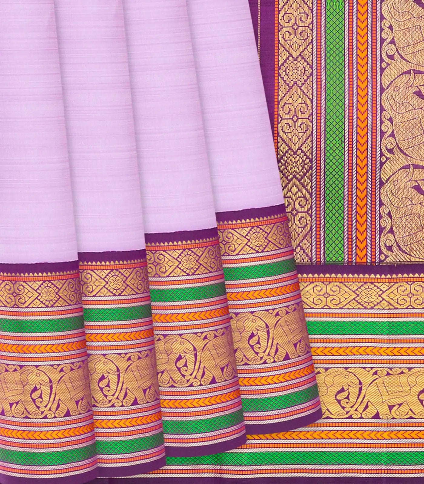 Lavender Handloom Kanchipuram Korvai Silk Saree With Contrast Border-Lavander