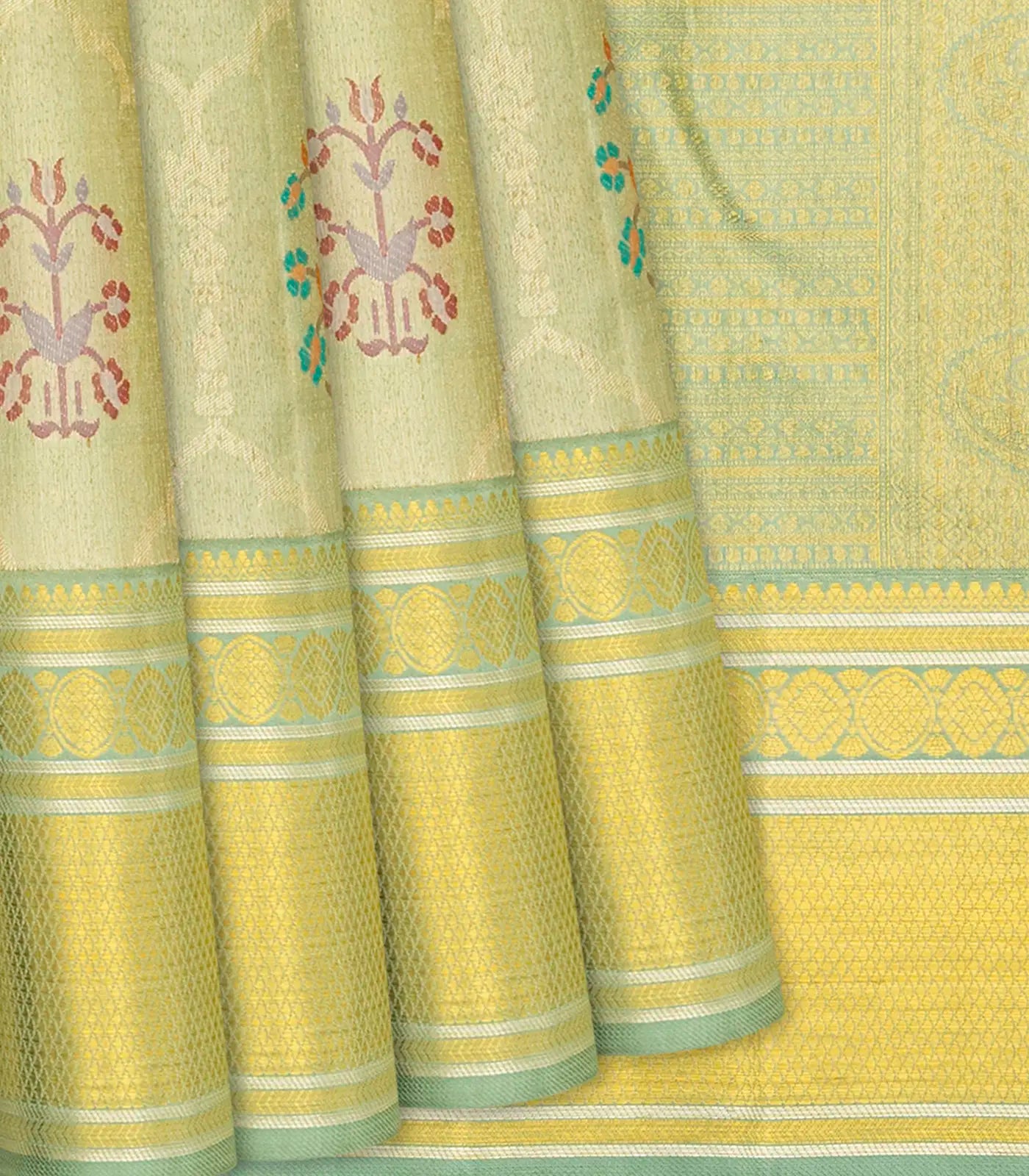 Light Blue Handloom Kanchipuram Tissue Silk Saree With Meena Floral Motifs-Light Blue
