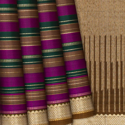 Multi Colour Handloom Kanchipuram Silk Saree With Stripes-Multi colour