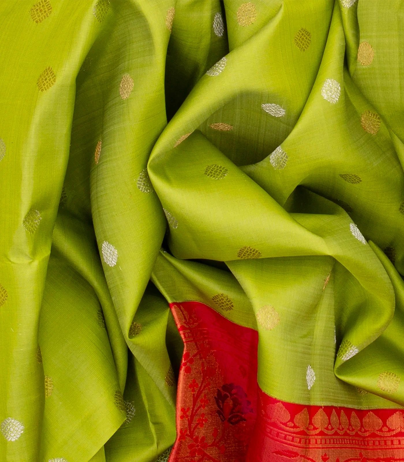 Light Green Handloom Kanchipuram Korvai Silk Saree With Buttas-Light Green