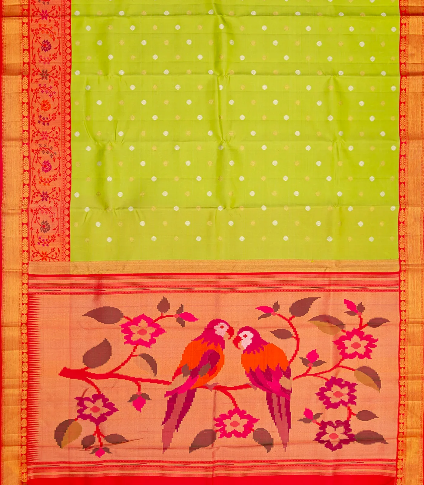 Light Green Handloom Kanchipuram Korvai Silk Saree With Buttas-Light Green