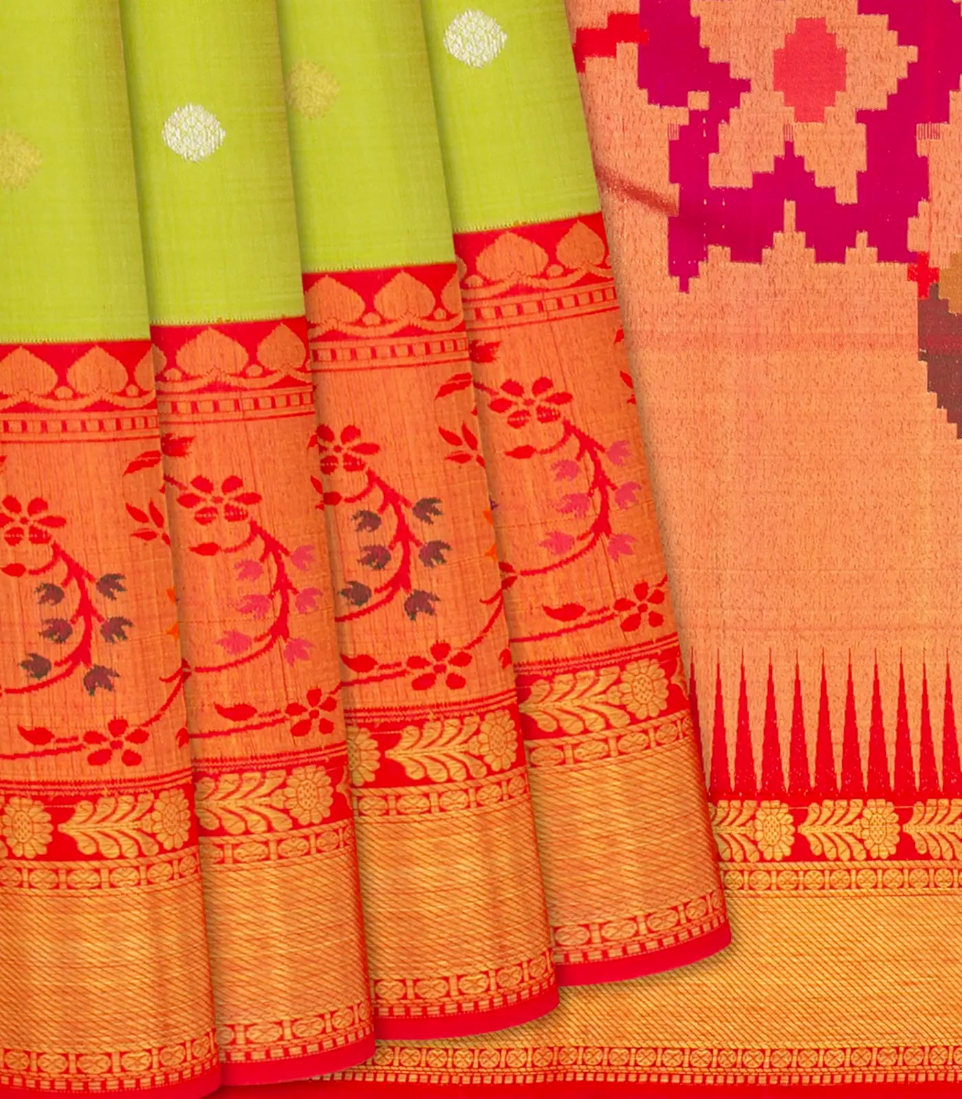 Light Green Handloom Kanchipuram Korvai Silk Saree With Buttas-Light Green