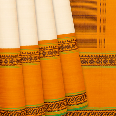 Off White Handloom Kanchipuram Korvai Silk Saree With Mustard Border-Off White