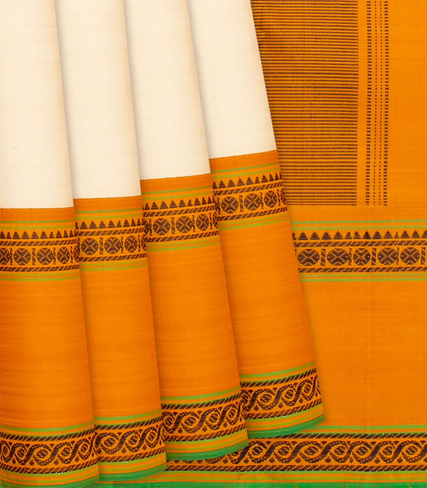 Off White Handloom Kanchipuram Korvai Silk Saree With Mustard Border-Off White