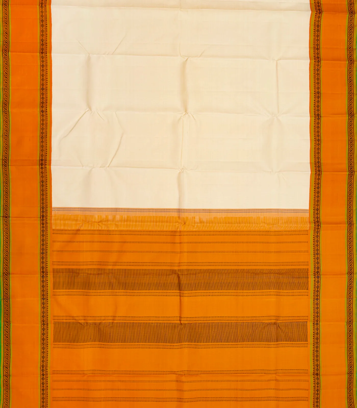 Off White Handloom Kanchipuram Korvai Silk Saree With Mustard Border-Off White
